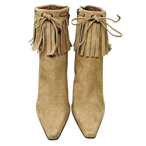 Nine West Fringe Suede Ankle Boots 9M Camel Tan Pointed Western Toe High Heel - Picture 3 of 10